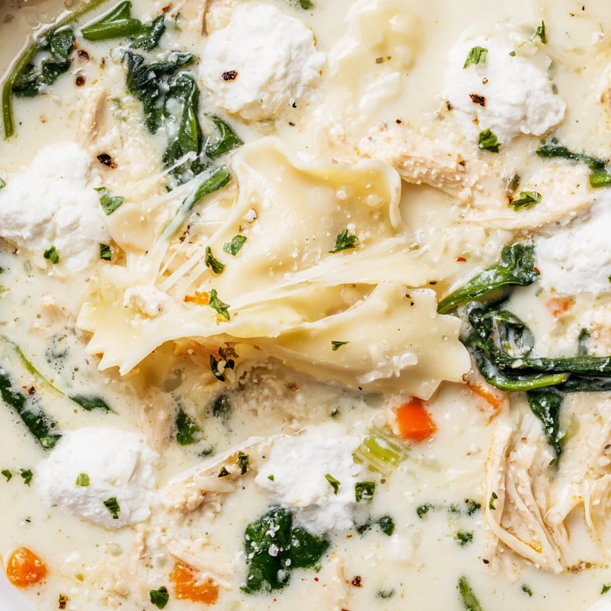Steaming bowl of Italian white lasagna soup with broken noodles and tender chicken