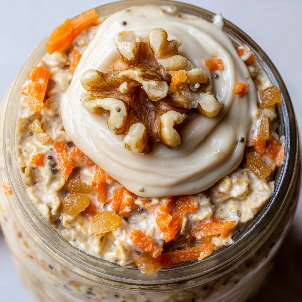 Carrot Cake Overnight Oats topped with cream cheese drizzle and crushed walnuts in a glass jar