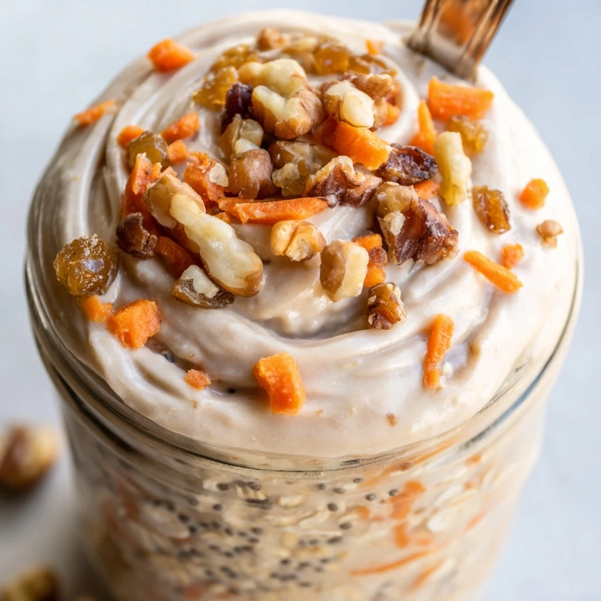 Creamy Carrot Cake Overnight Oats loaded with grated carrots, warm spices, and plump raisins