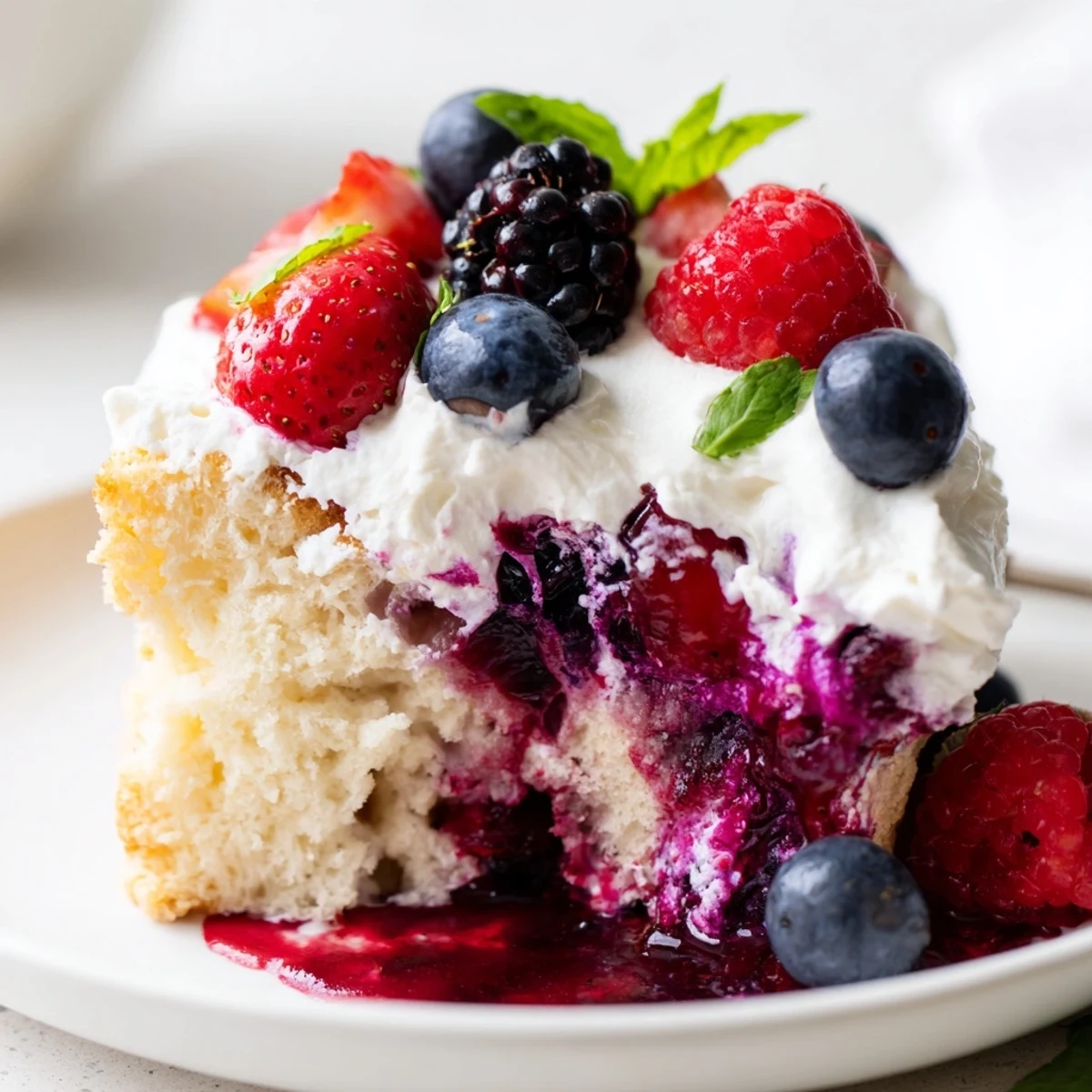 Vibrant berry sauce soaking into tender vanilla cake in this summer berry poke cake