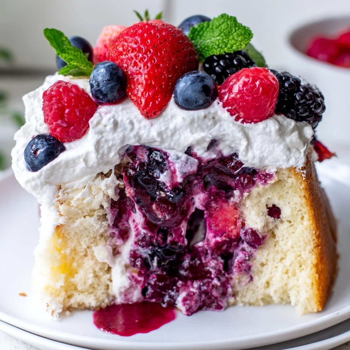 A moist summer berry poke cake topped with fluffy whipped cream and fresh berries