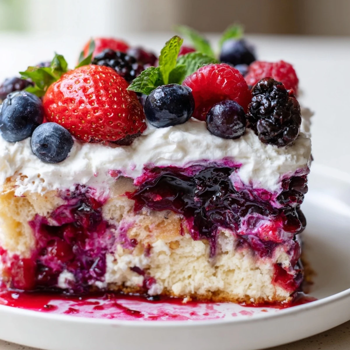 Sliced summer berry poke cake showcasing jewel-toned berry filling and billowy cream topping