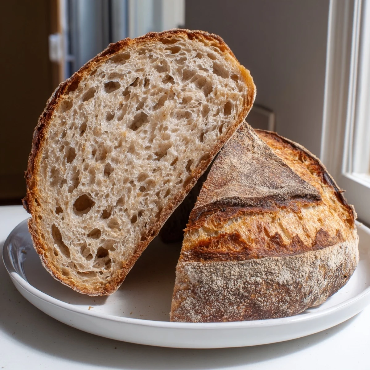 Golden crusty sourdough bread fresh from the oven with a crackly artisan crust