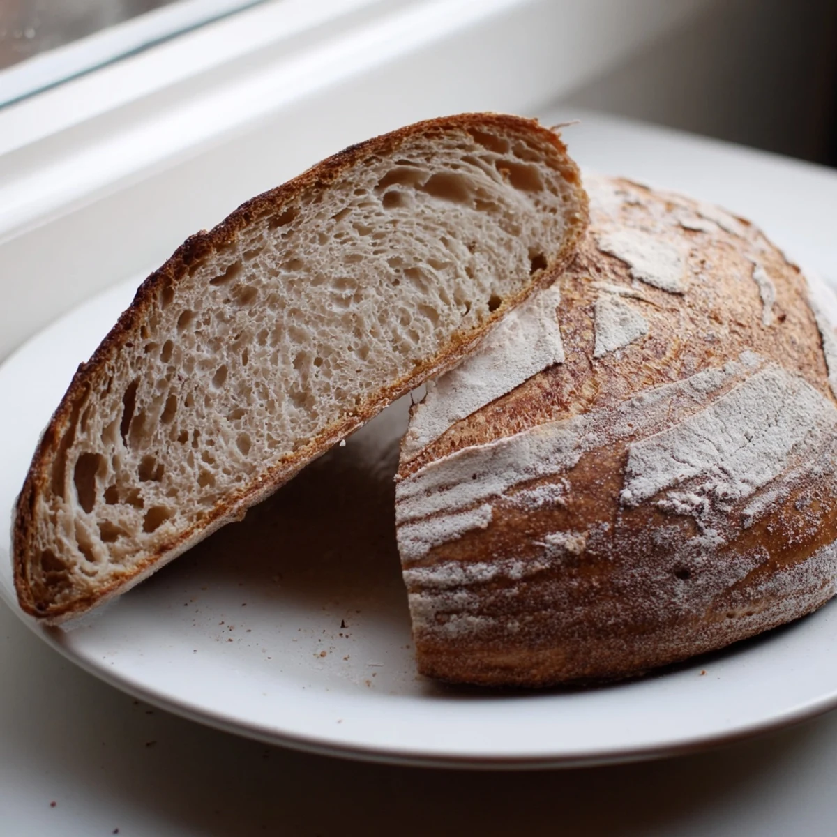 Rustic sourdough bread loaf sliced open revealing a chewy, tangy, open crumb