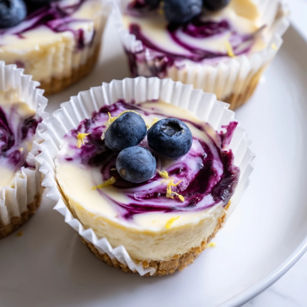 Creamy mini lemon blueberry cheesecakes topped with a vibrant berry compote in a muffin liner