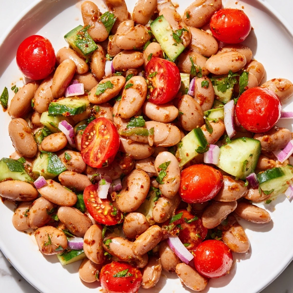 Zesty lime dressing coats this fresh pinto bean salad with diced bell peppers