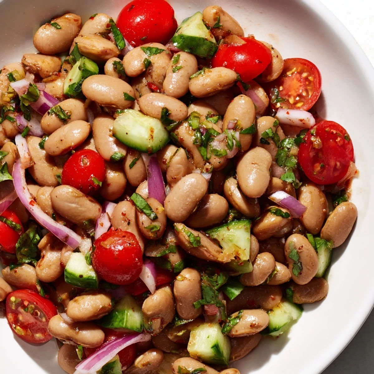 Colorful pinto bean salad with ripe tomatoes and crisp cucumber in a white bowl