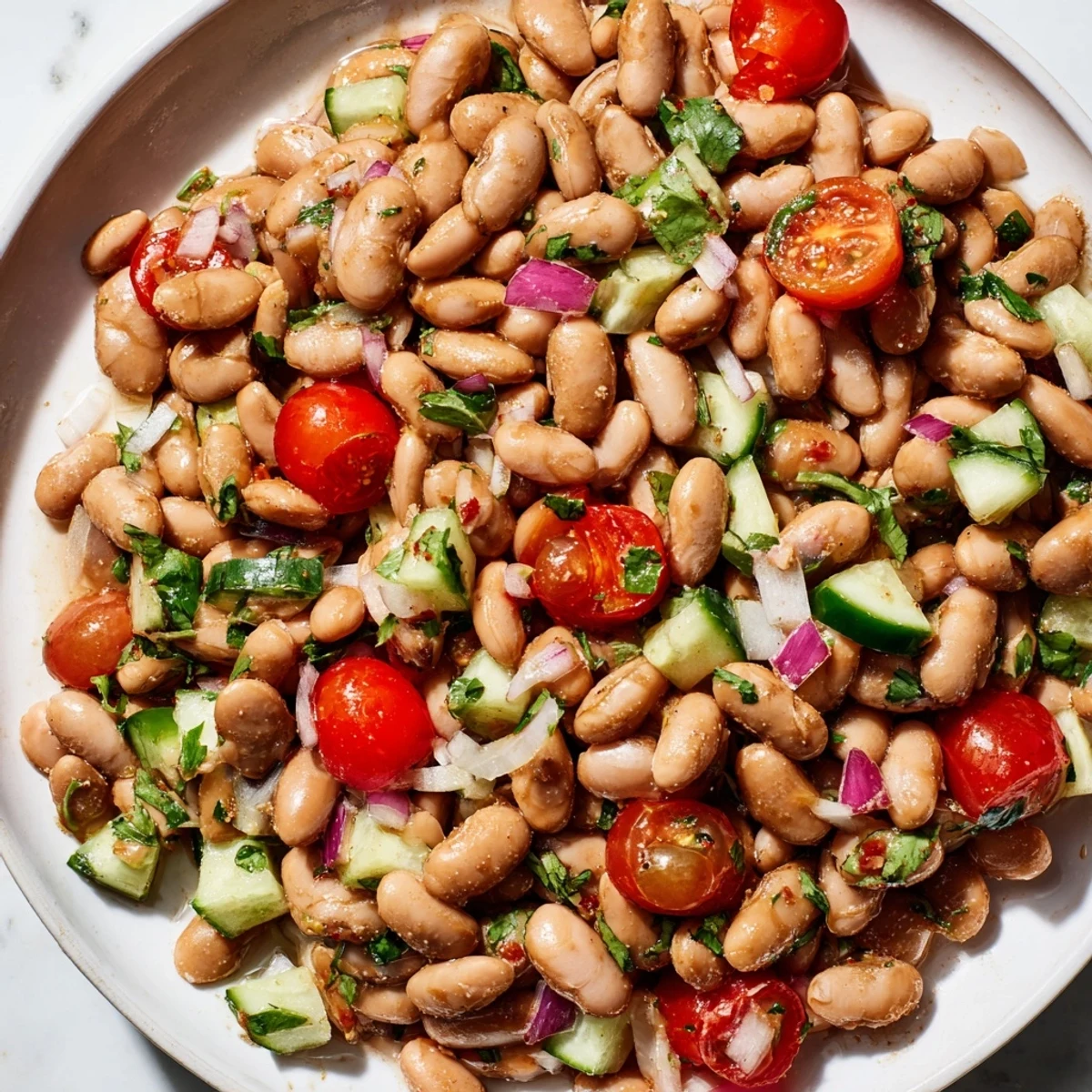 Tender pinto bean salad topped with cilantro served on a rustic wooden table