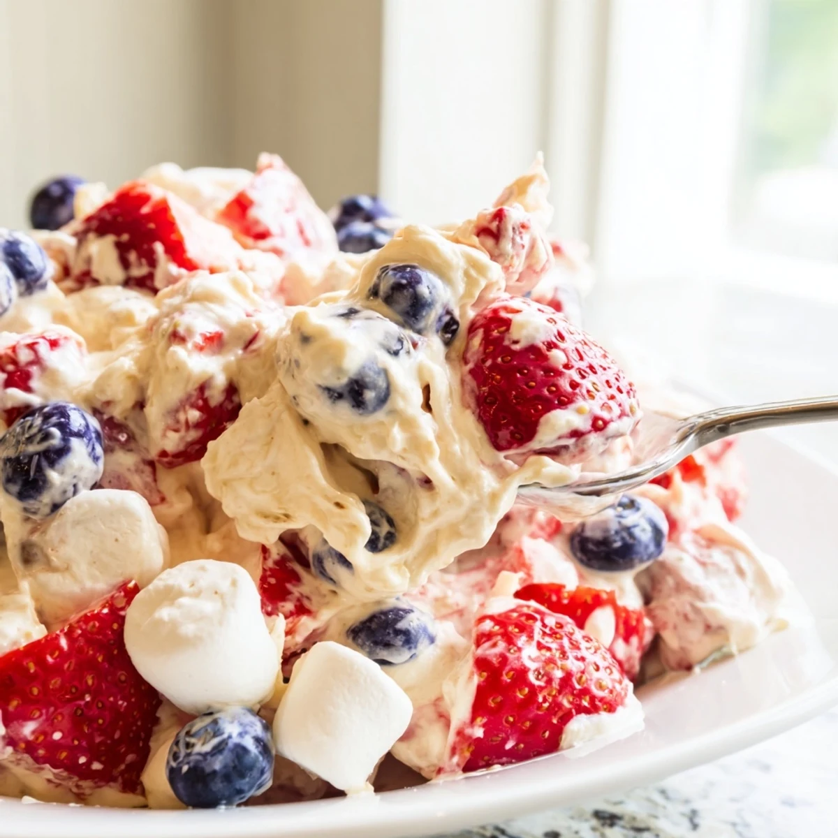 Creamy Red White Blue Cheesecake Salad topped with fresh juicy strawberries and blueberries