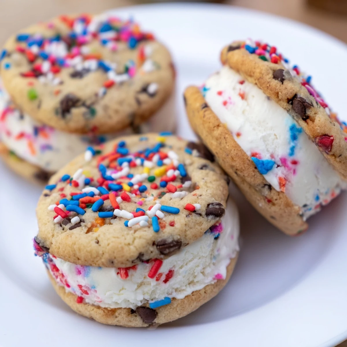Patriotic mini ice cream sandwiches coated in red white and blue sprinkles on a summer dessert tray