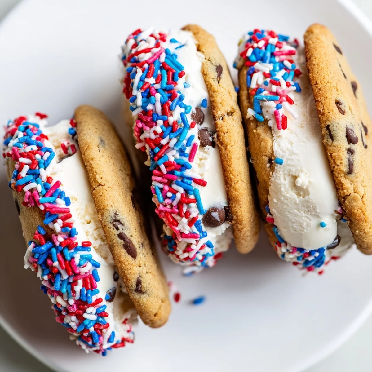 Bite-sized patriotic mini ice cream sandwiches with vanilla filling and colorful sprinkle edges stacked on parchment