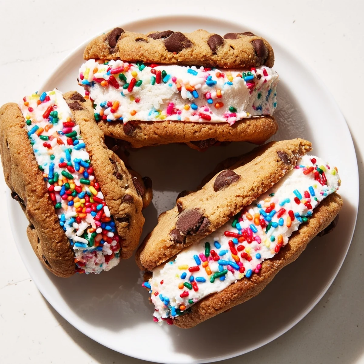 Festive patriotic mini ice cream sandwiches featuring chocolate chip cookies vanilla ice cream and vibrant sprinkle coating