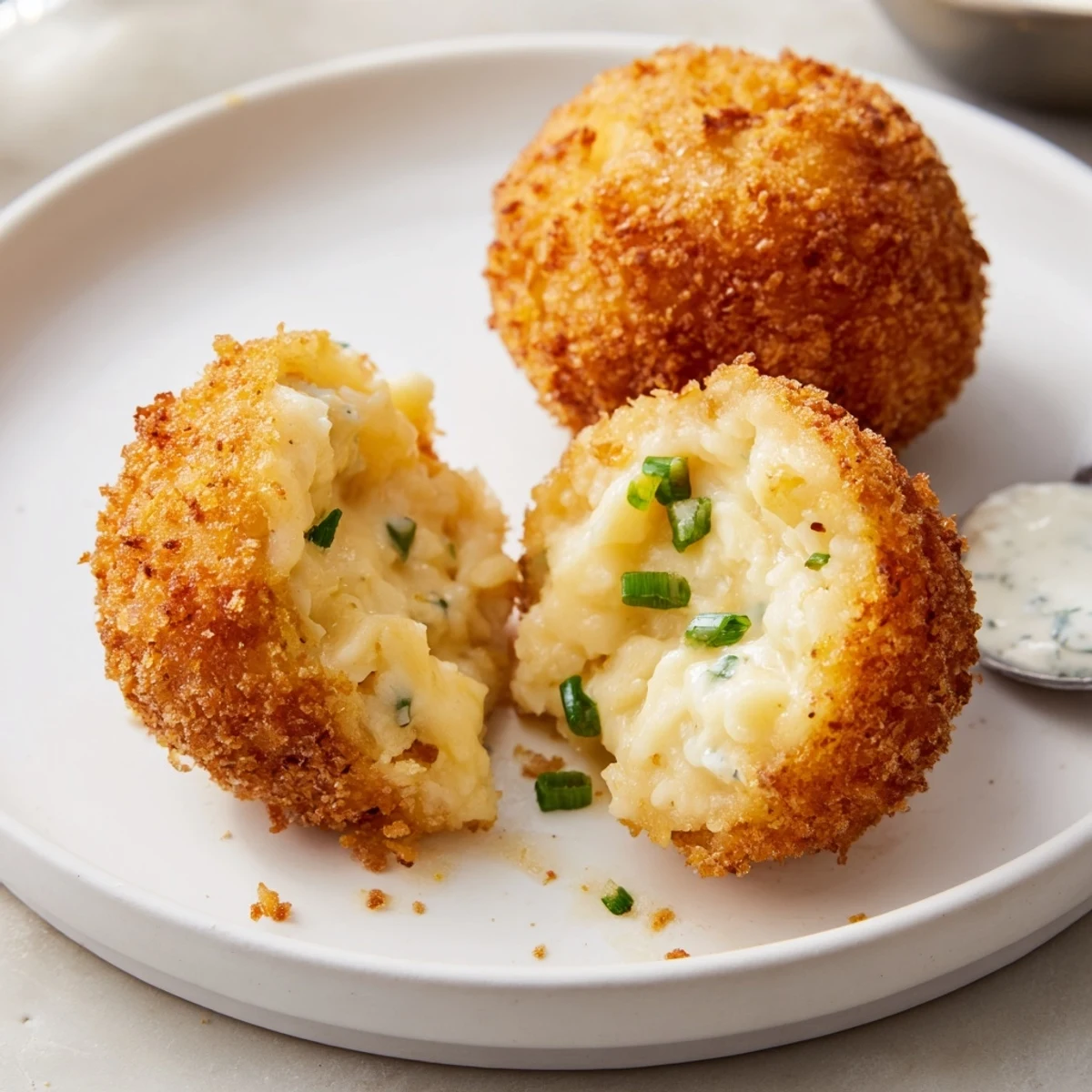 Fried Mashed Potato Balls golden and crispy, creamy center, served with ranch  