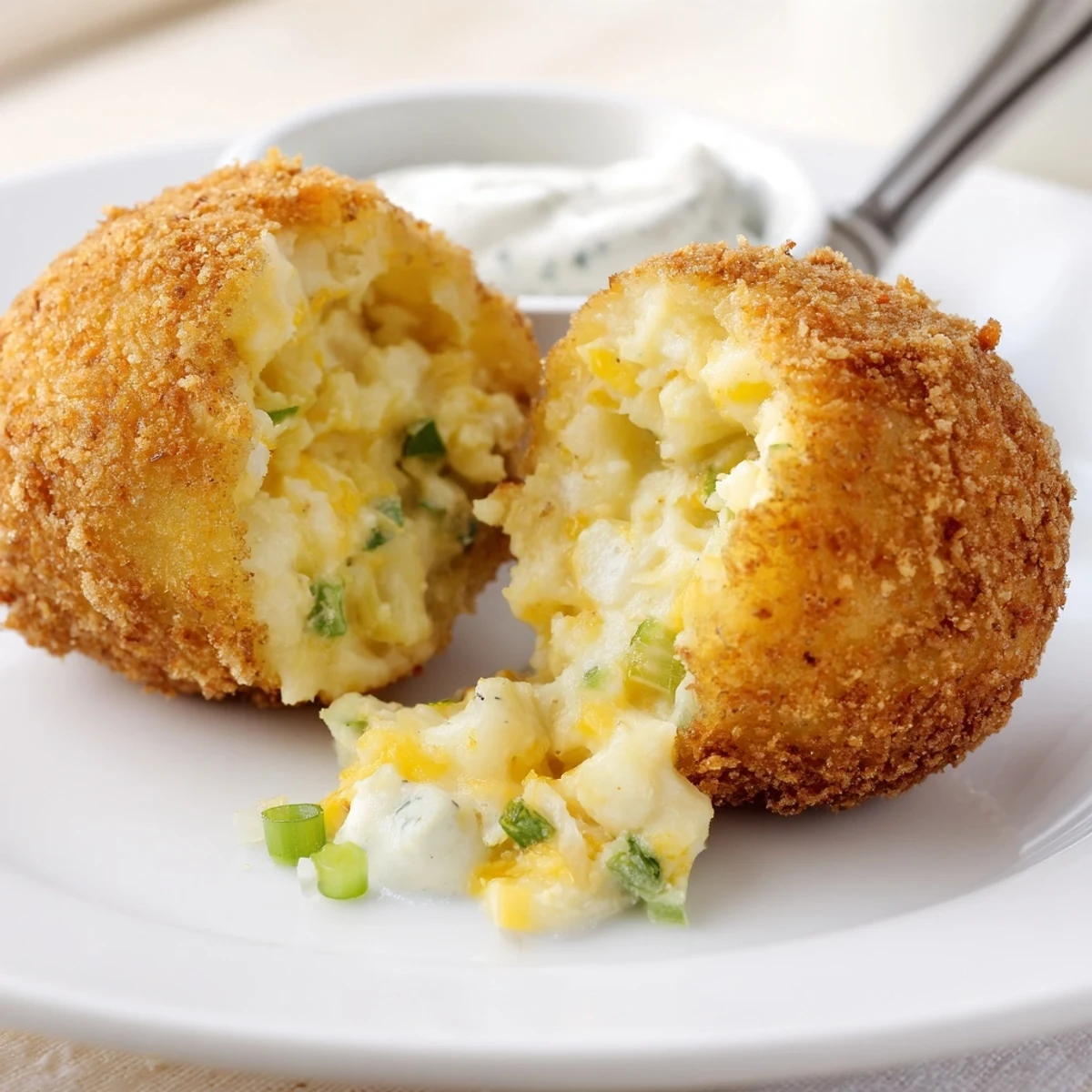 Close-up of Fried Mashed Potato Balls with crunchy panko crust and spicy ketchup
