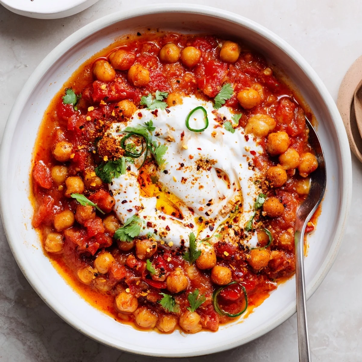 Creamy Greek Yogurt Chickpea Curry steaming in skillet, garnished with cilantro