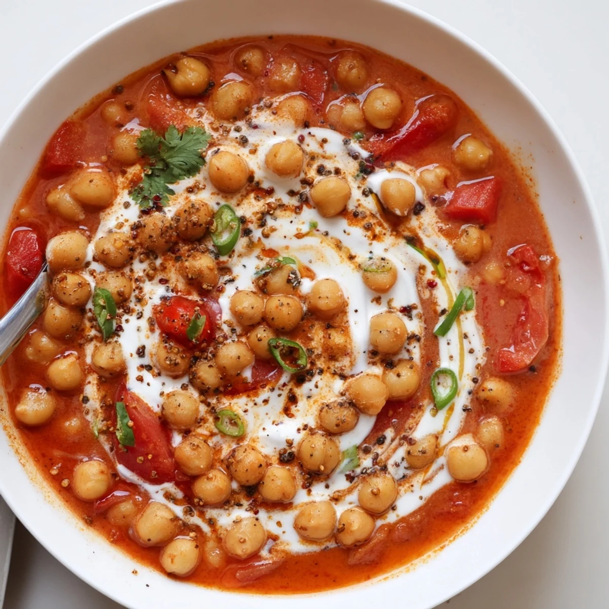 Greek Yogurt Chickpea Curry ladled over fluffy basmati rice, warm and fragrant