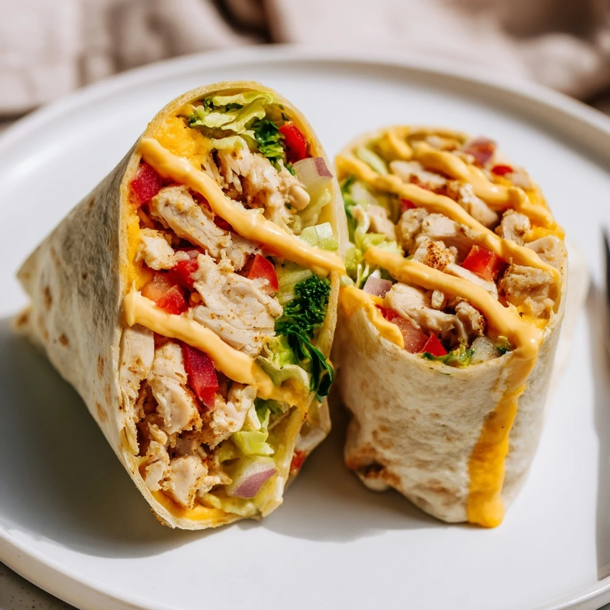 Warm Cheesy Garlic Chicken Wraps with melted cheddar, crisp lettuce, tomato