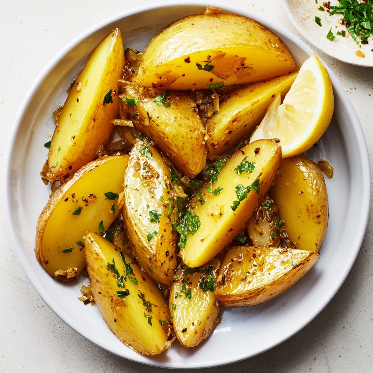 Authentic Greek Lemon Potatoes Recipe with golden wedges, crisp edges, bright lemon