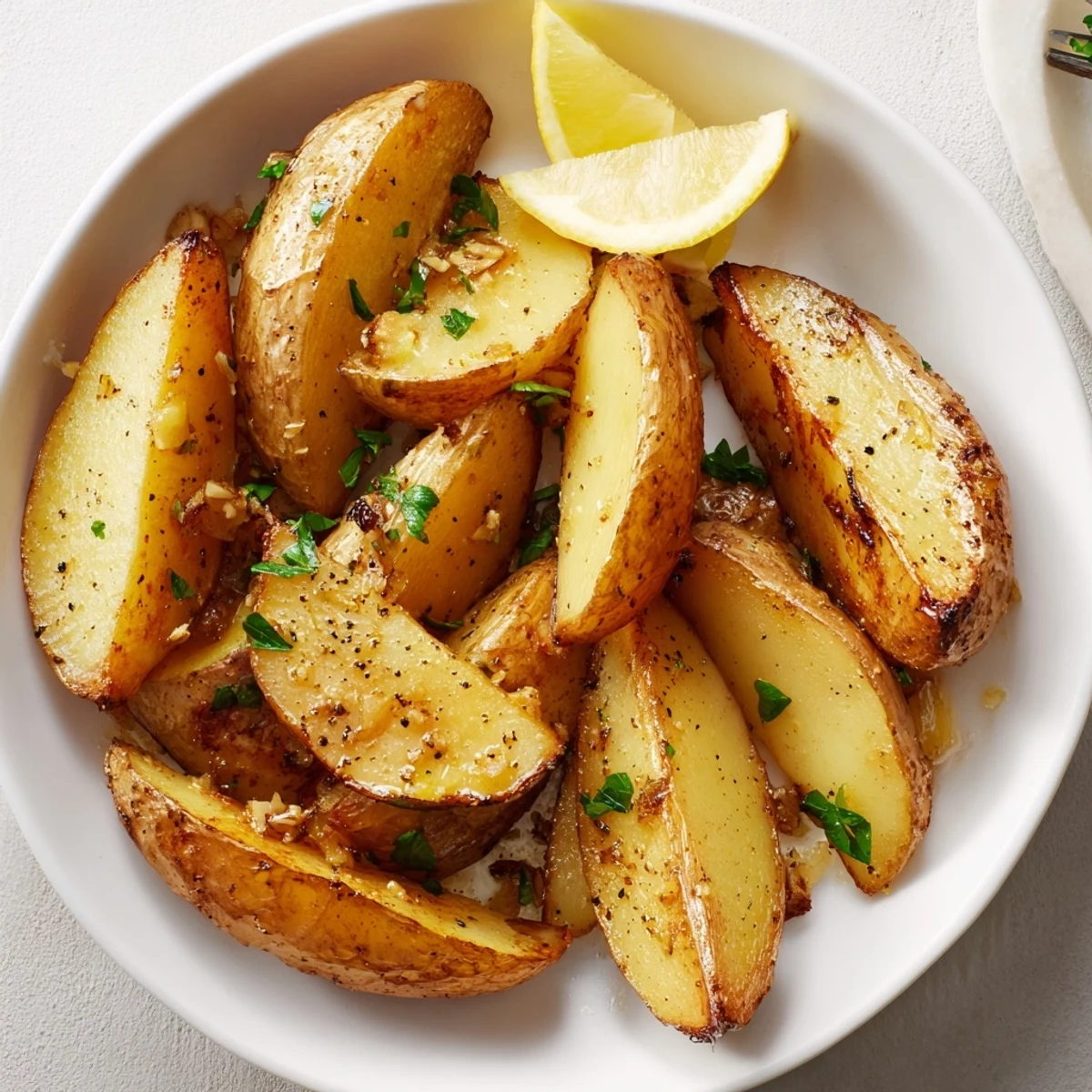 Crispy, tender wedges garnished with parsley and lemon, Authentic Greek Lemon Potatoes Recipe