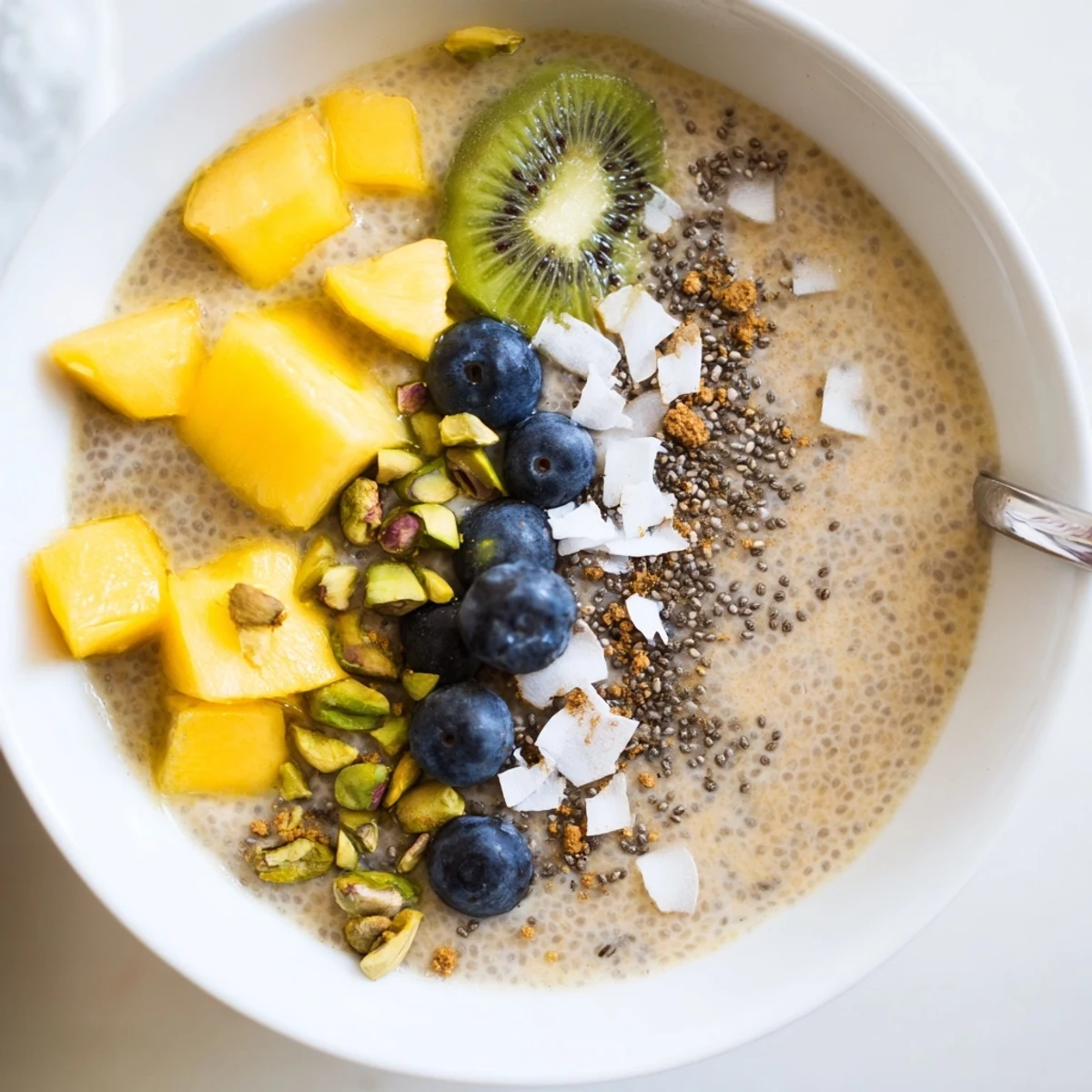 Creamy Coconut Chia Pudding topped with mango and toasted coconut flakes