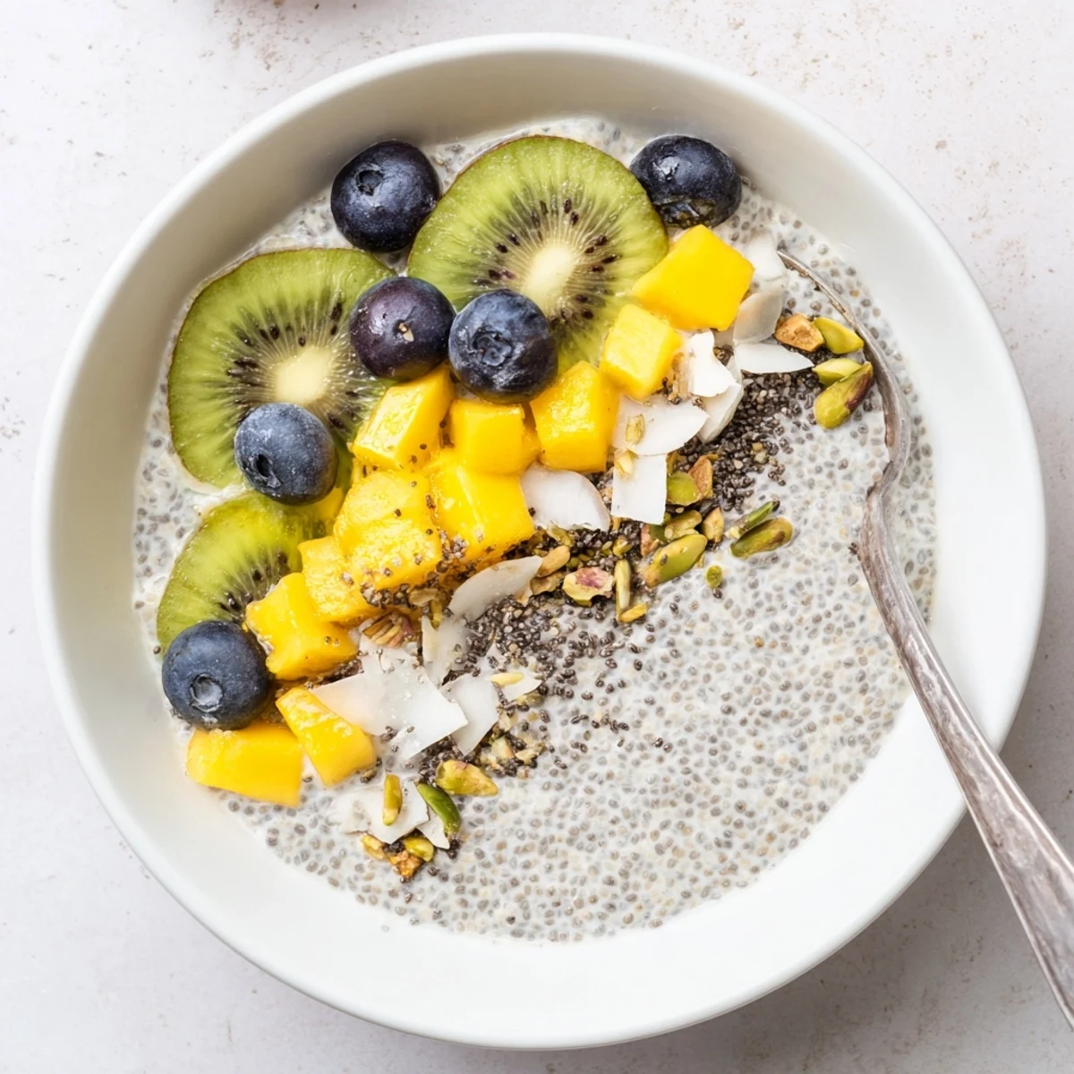 Chilled Coconut Chia Pudding in glass jars, vanilla-scented with fresh berries