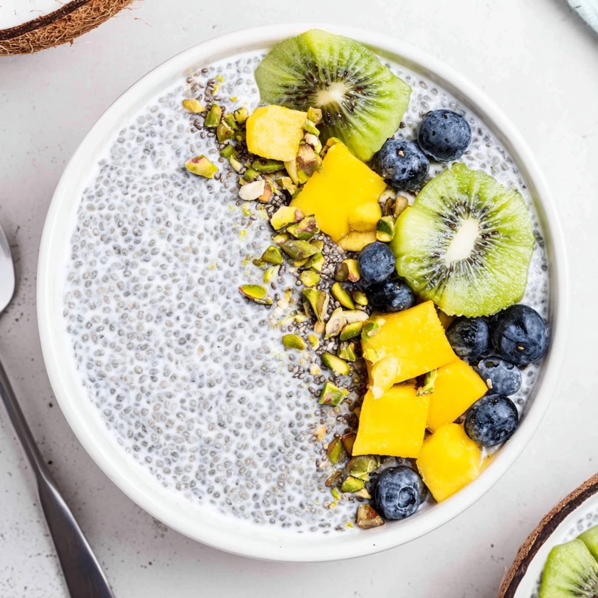 Silky Coconut Chia Pudding, spoonful garnished with chopped nuts and kiwi