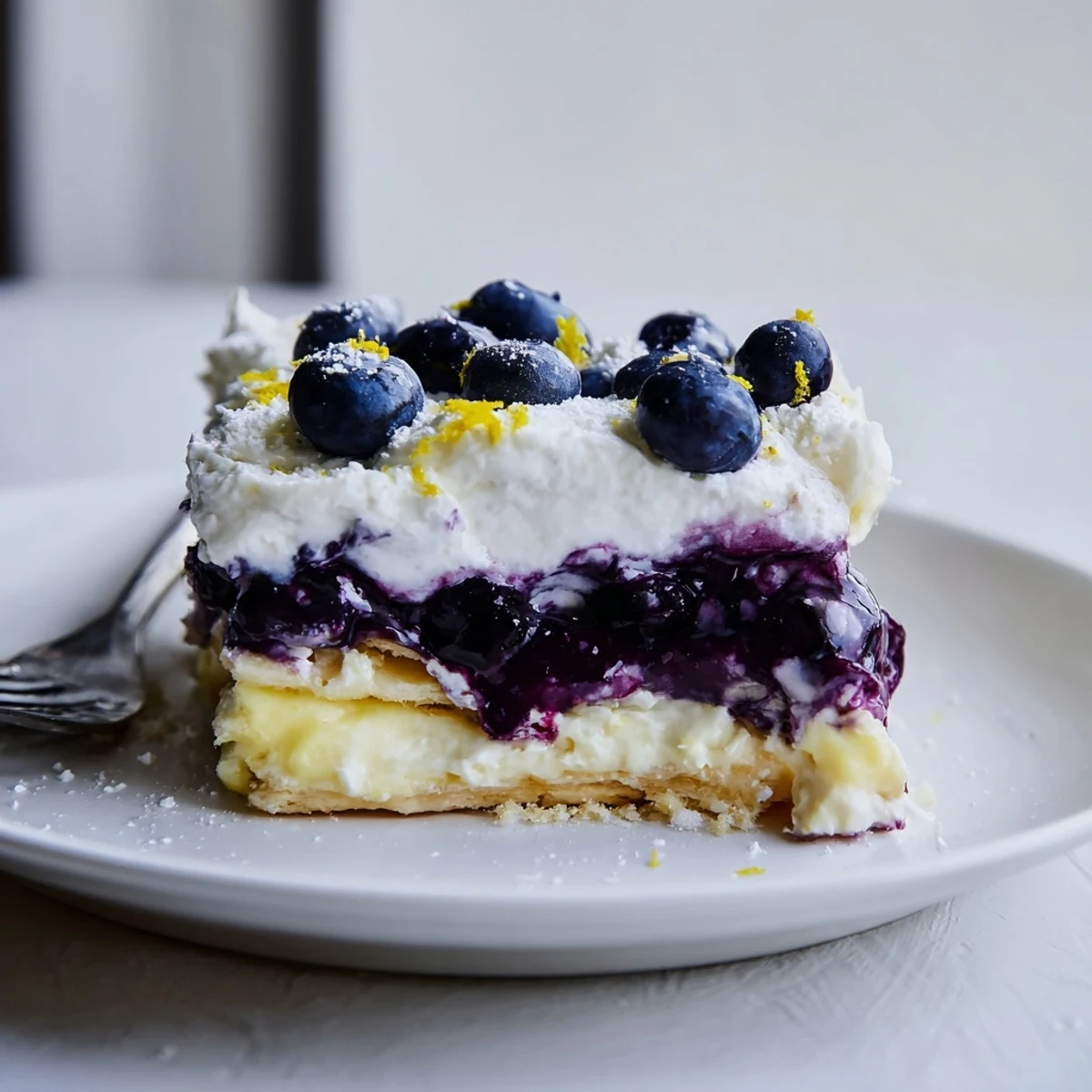 Lemon Blueberry Lasagna with glossy blueberry layer, zesty cream, chilled and sliced