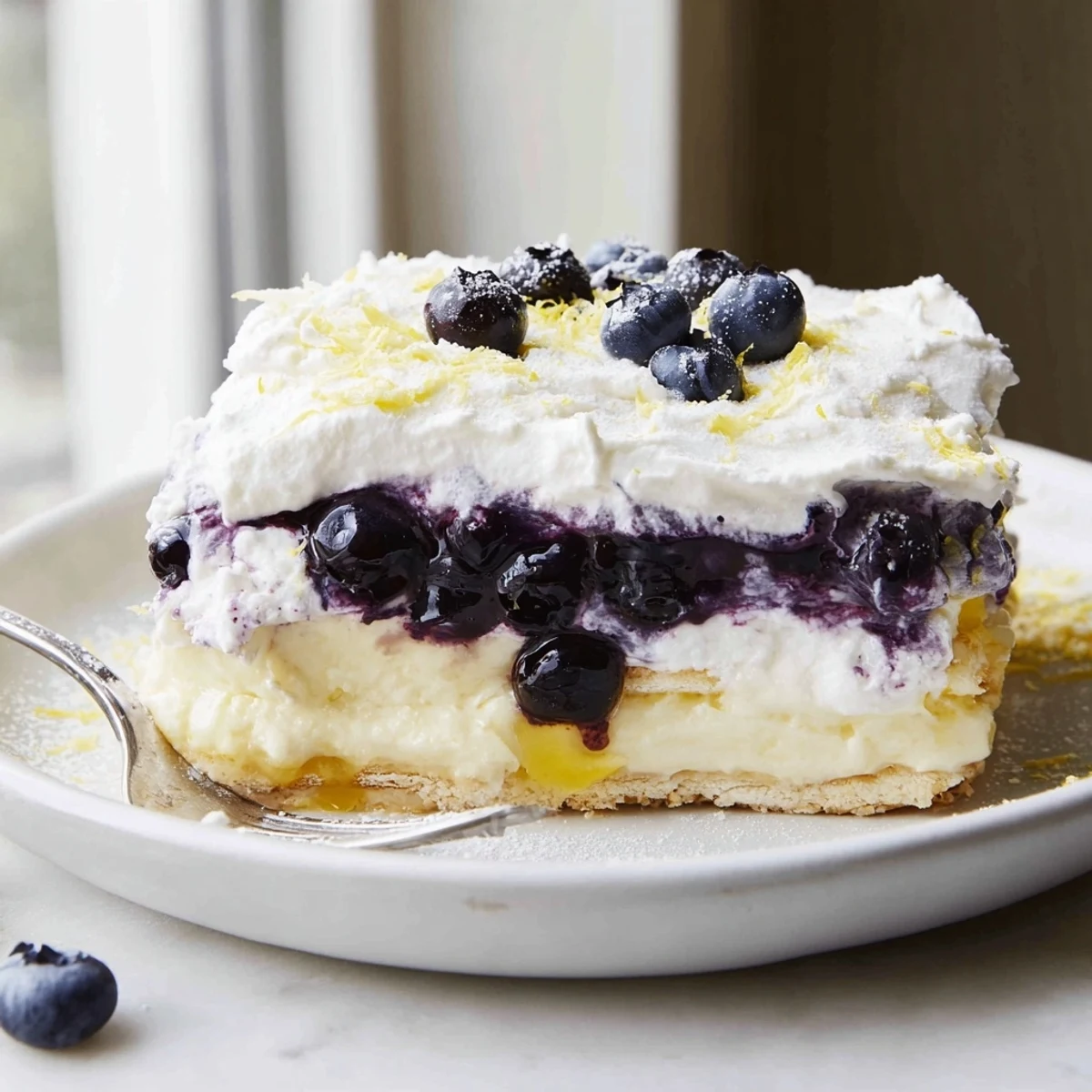 Creamy Lemon Blueberry Lasagna topped with whipped cream, bright lemon zest