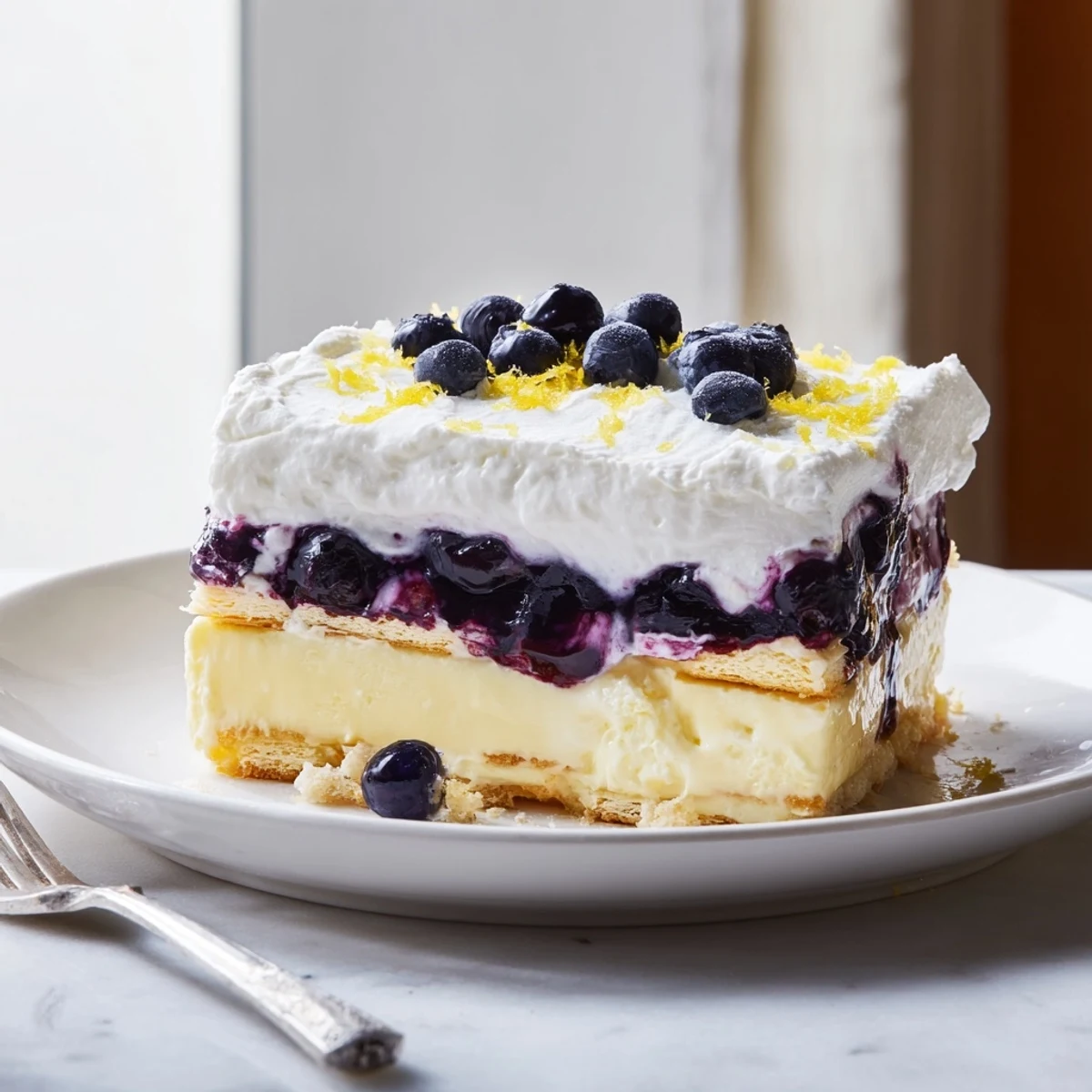 No-bake Lemon Blueberry Lasagna in a glass dish, buttery crust visible