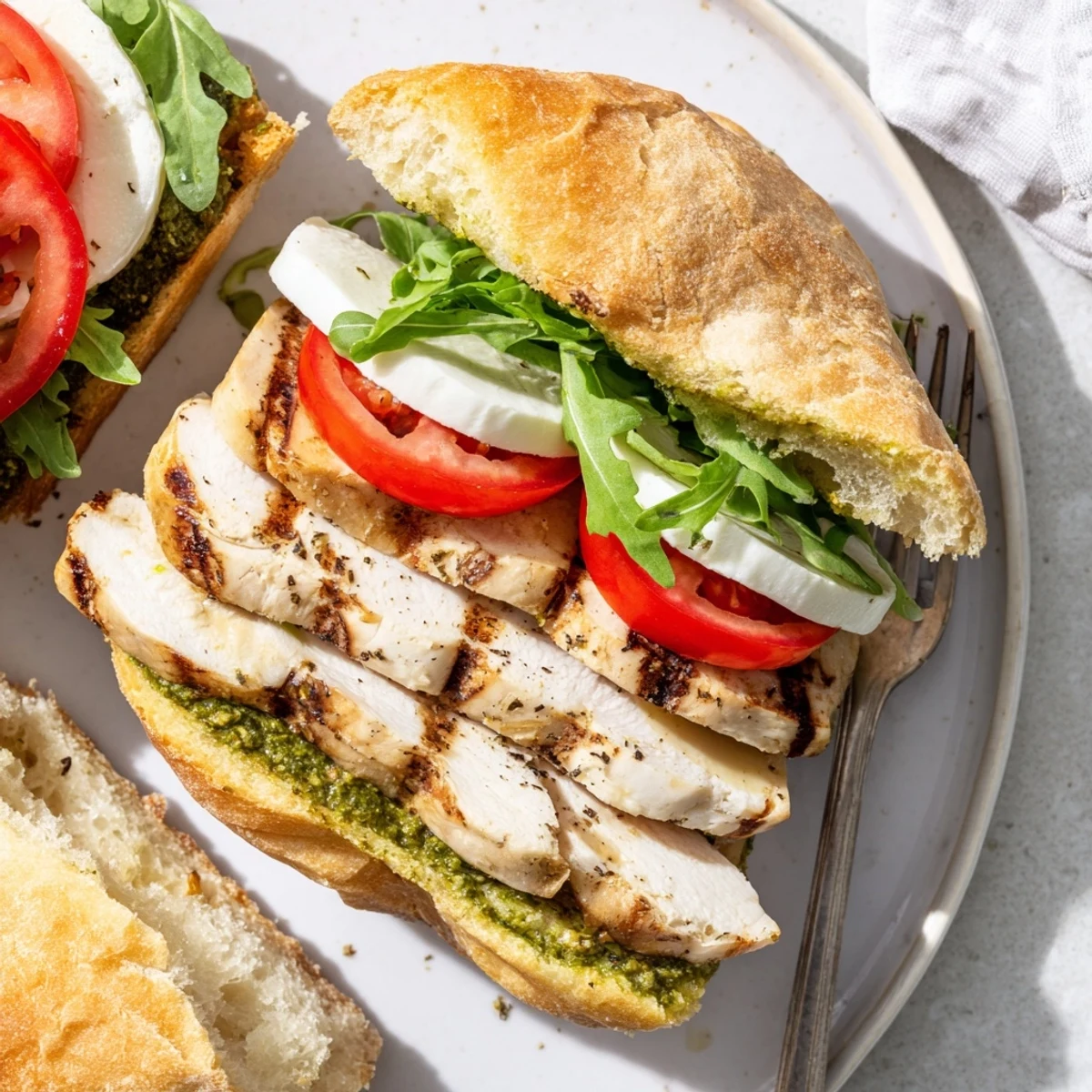 Toasted ciabatta holds warm chicken, melted mozzarella, pesto in Chicken Pesto Sandwich Recipe