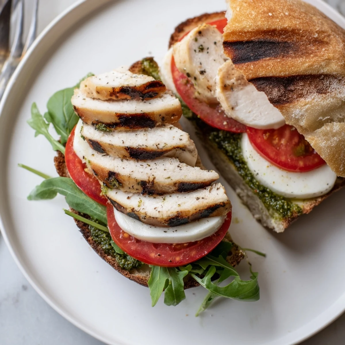 Chicken Pesto Sandwich Recipe served warm with peppery arugula and gooey mozzarella
