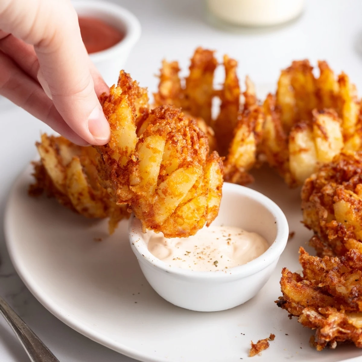 Crispy Mini Bloomin Onions recipe: golden, crunchy petals steaming beside creamy dipping sauce