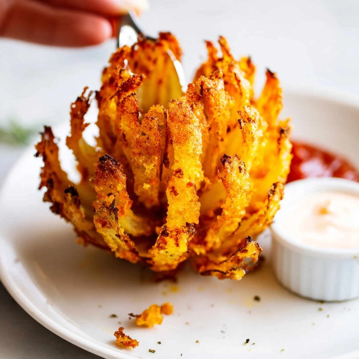 A close-up of Crispy Mini Bloomin Onions with flaky crust and horseradish dip