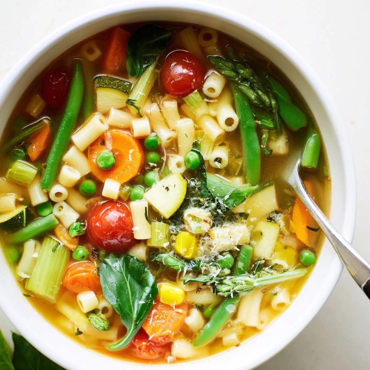 Hearty Spring Minestrone Soup Recipe served hot with crusty bread and olive oil.