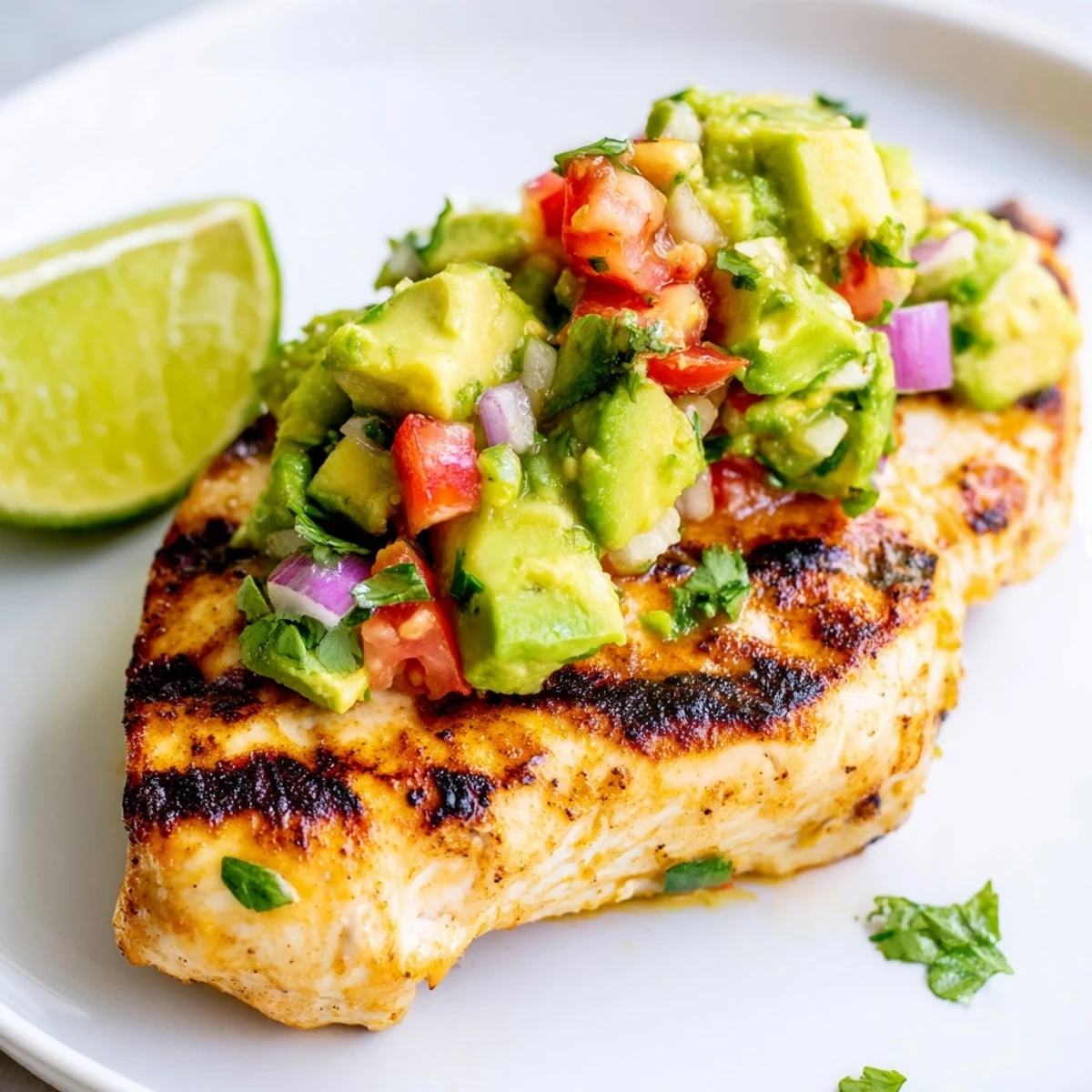 Fiesta Lime Chicken With Avocado sizzling on grill, topped with creamy avocado salsa