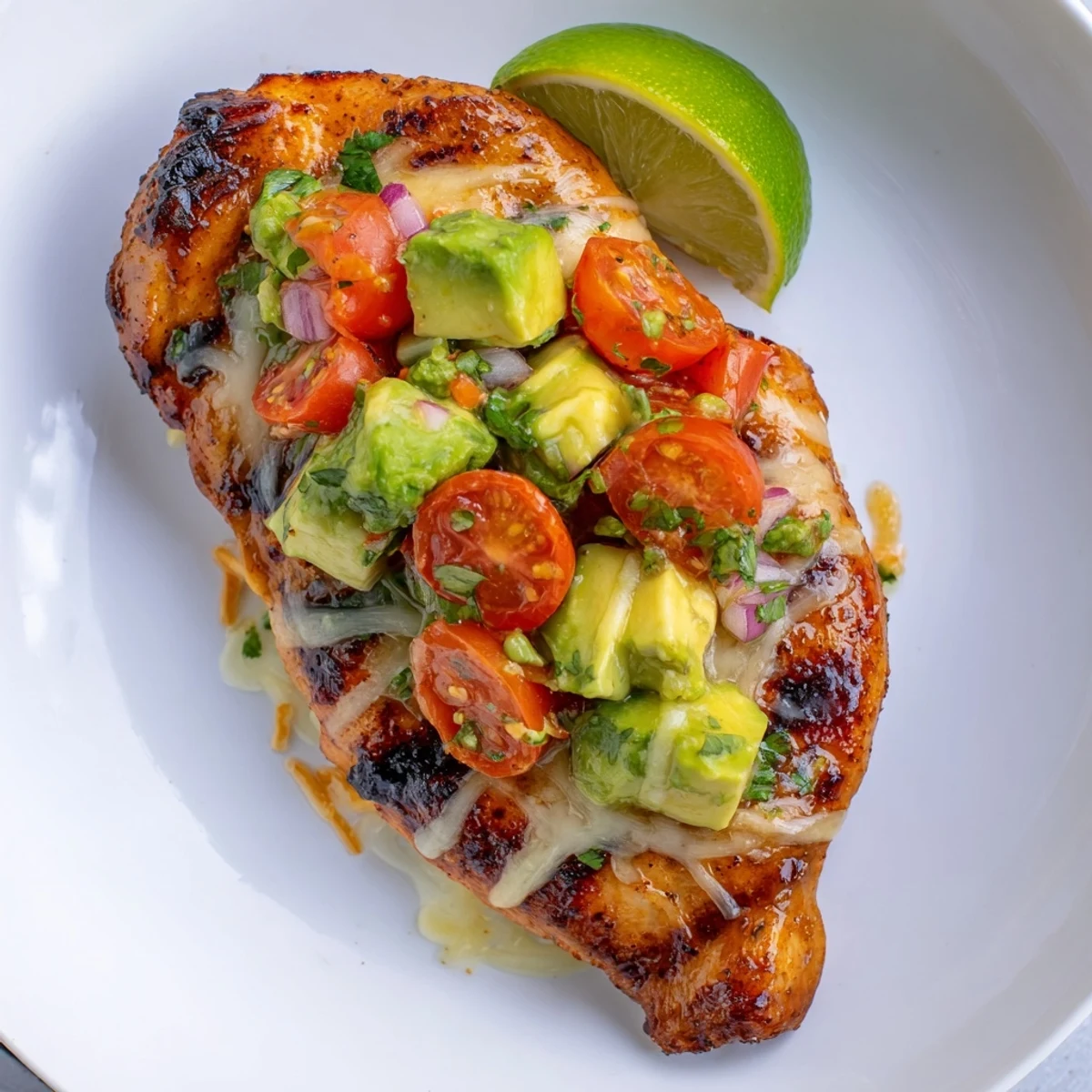 Juicy Fiesta Lime Chicken With Avocado served hot alongside Mexican rice and lime