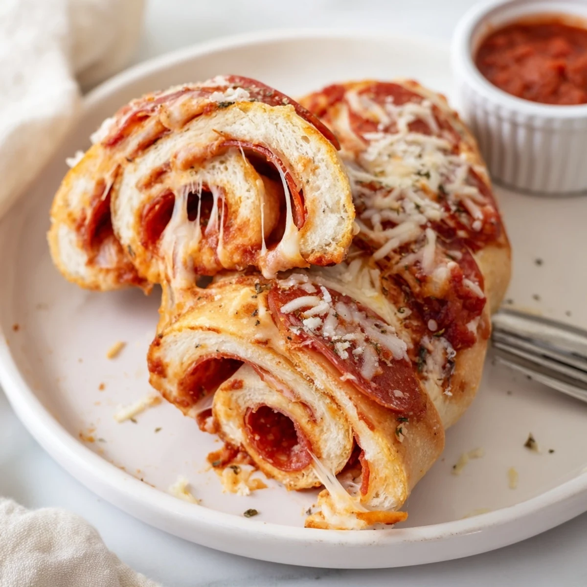 Pepperoni Pizza Roll Breadsticks Recipe steaming, golden edges, gooey mozzarella stretching