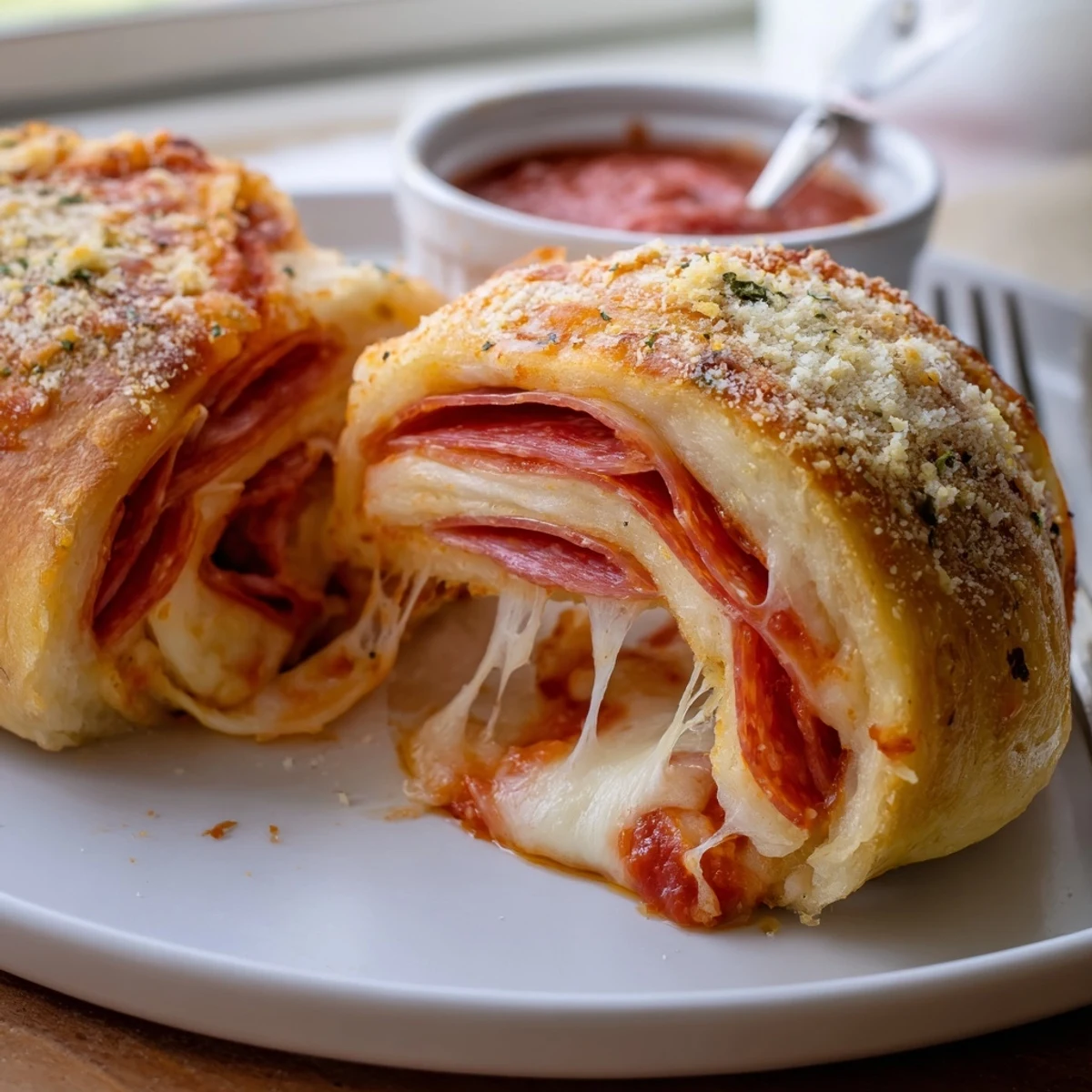 Warm Pepperoni Pizza Roll Breadsticks Recipe arranged on parchment, marinara for dipping