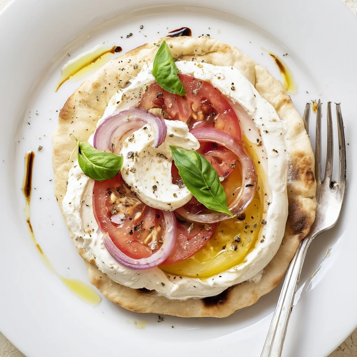 Caprese Pita Pizza With Whipped Garlic Feta, sliced tomatoes, basil, balsamic drizzle