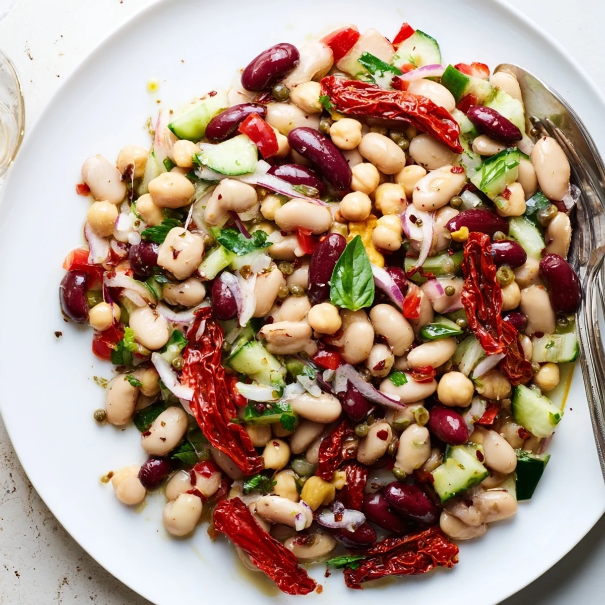 Dense Bean Salad With Sun Dried Tomatoes, tossed with olive oil and herbs