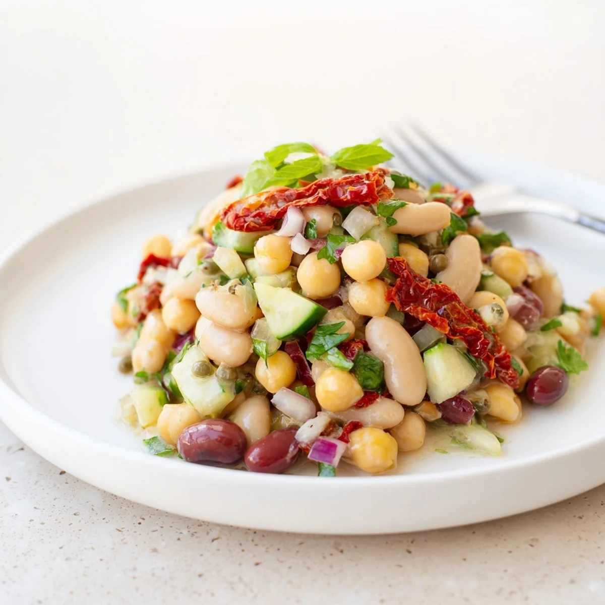 Bright Dense Bean Salad With Sun Dried Tomatoes, crunchy cucumber and capers