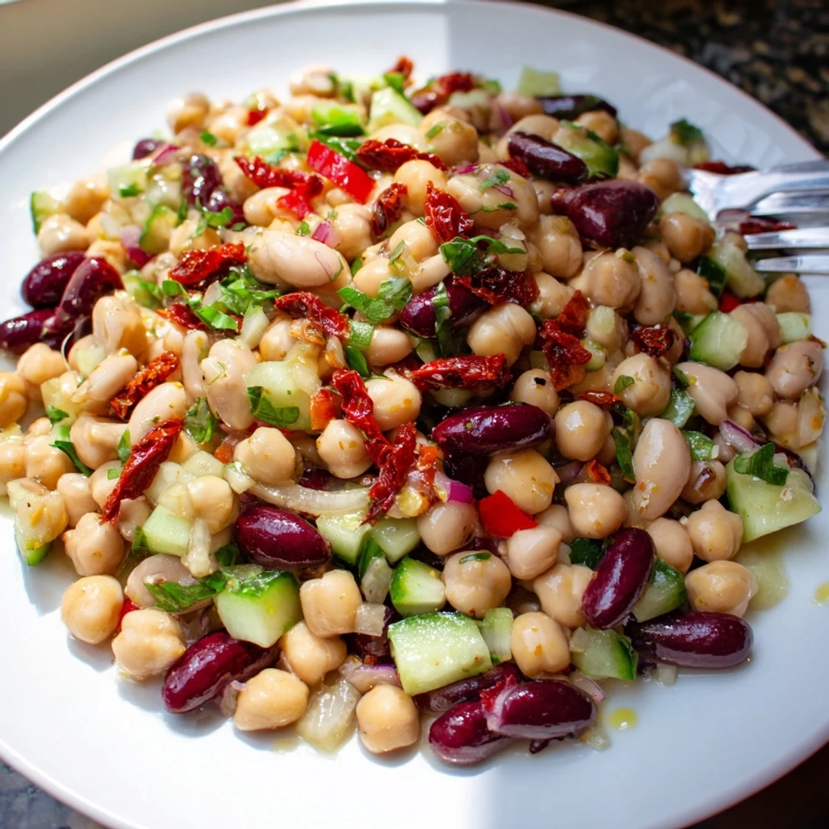 Serve Dense Bean Salad With Sun Dried Tomatoes chilled, rustic bread alongside