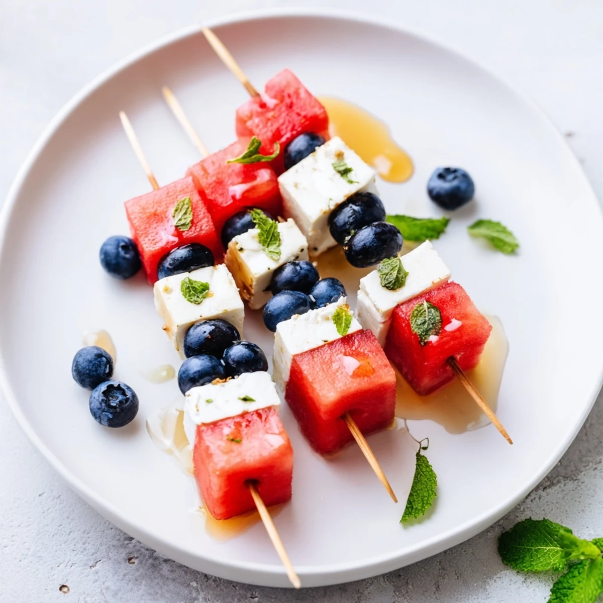 Patriotic Watermelon Feta Skewers chilled on a platter, juicy watermelon and tangy feta.