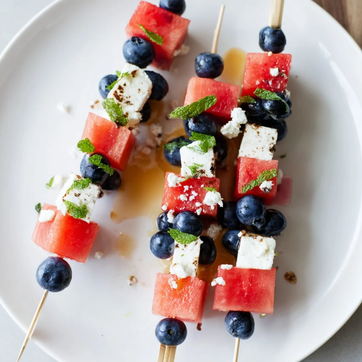Blueberries and mint crown Patriotic Watermelon Feta Skewers for summer picnic appeal.