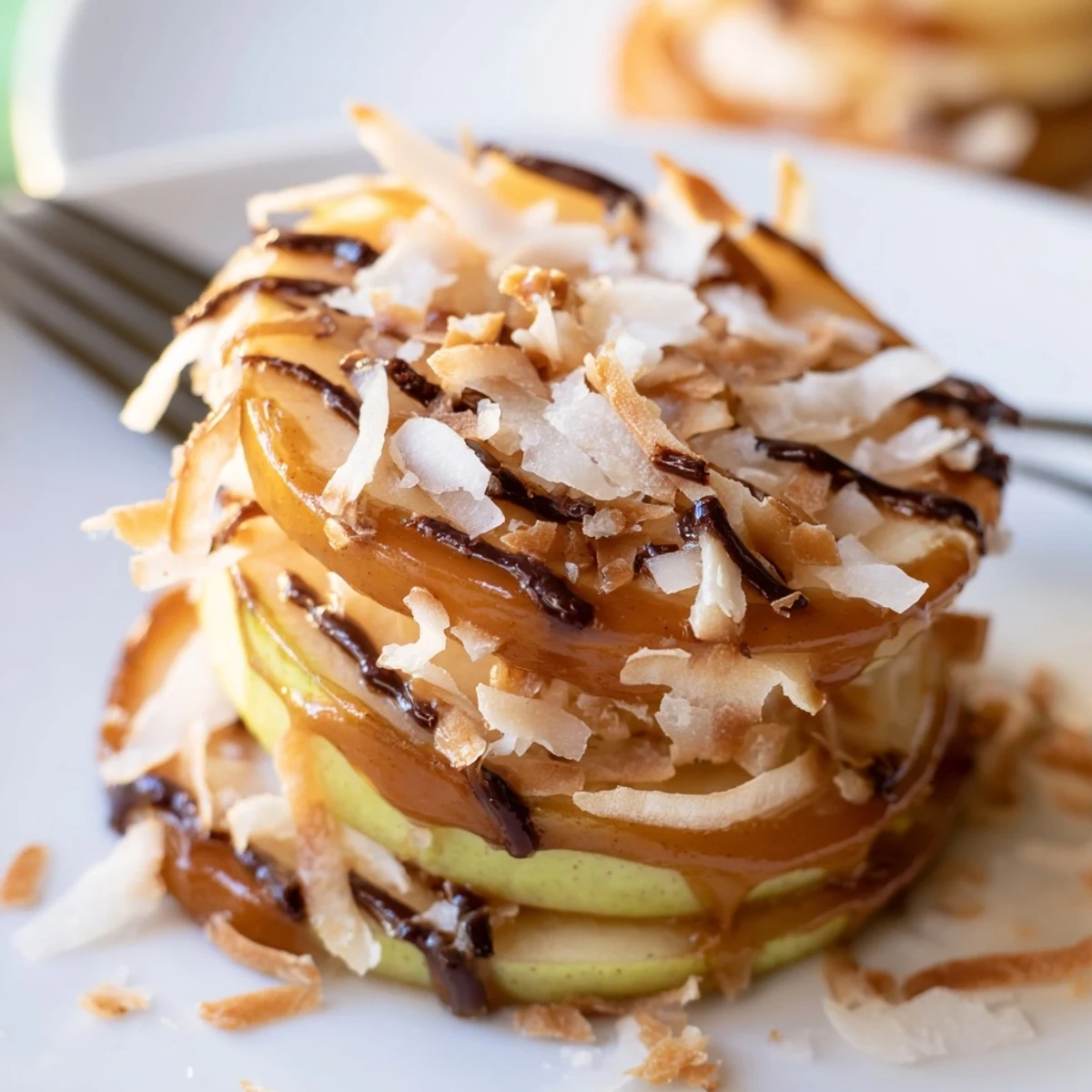 Samoa Apple Slices with gooey caramel, toasted coconut, chocolate drizzle on parchment.