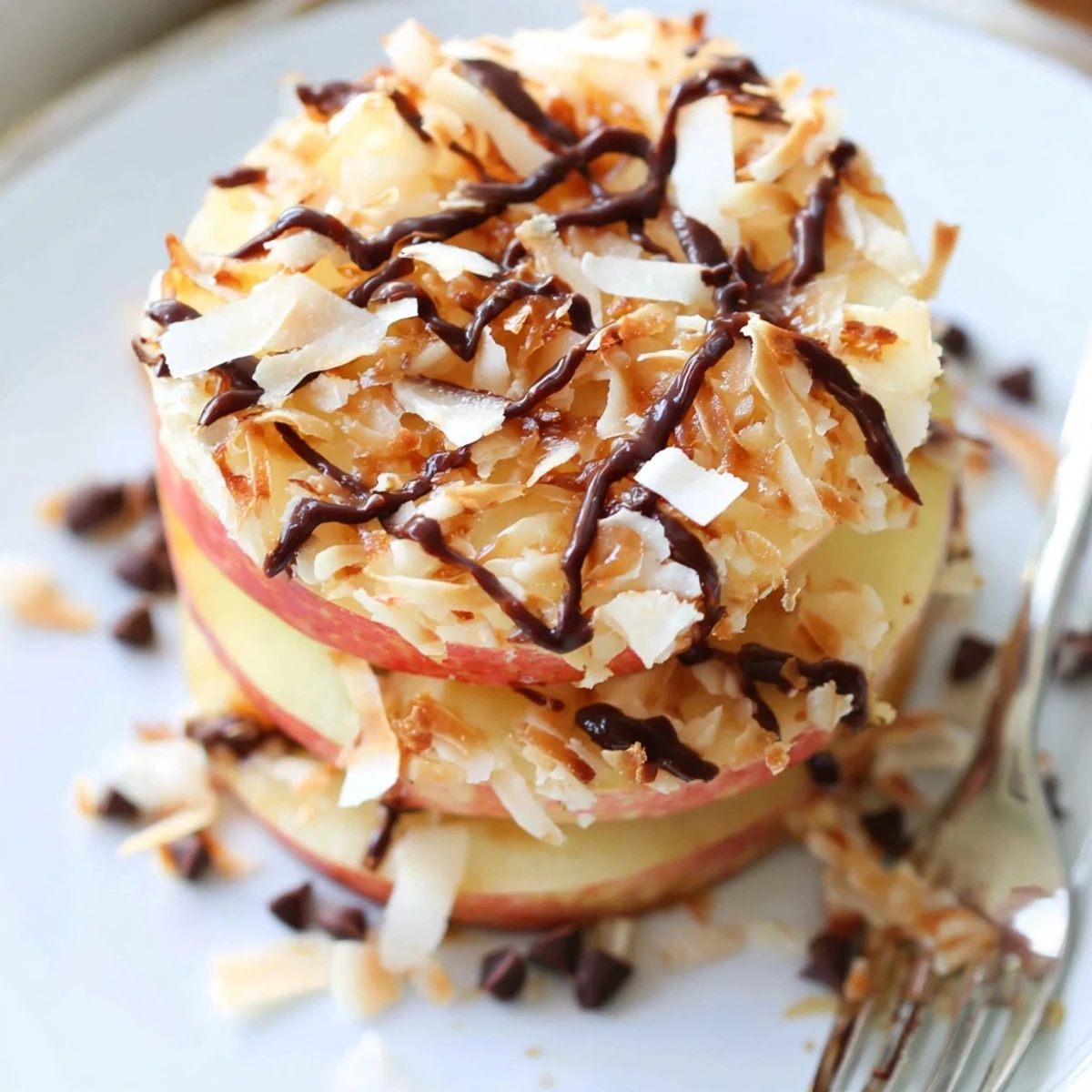 Crisp Samoa Apple Slices topped with warm caramel, fragrant toasted coconut, flaky sea salt.