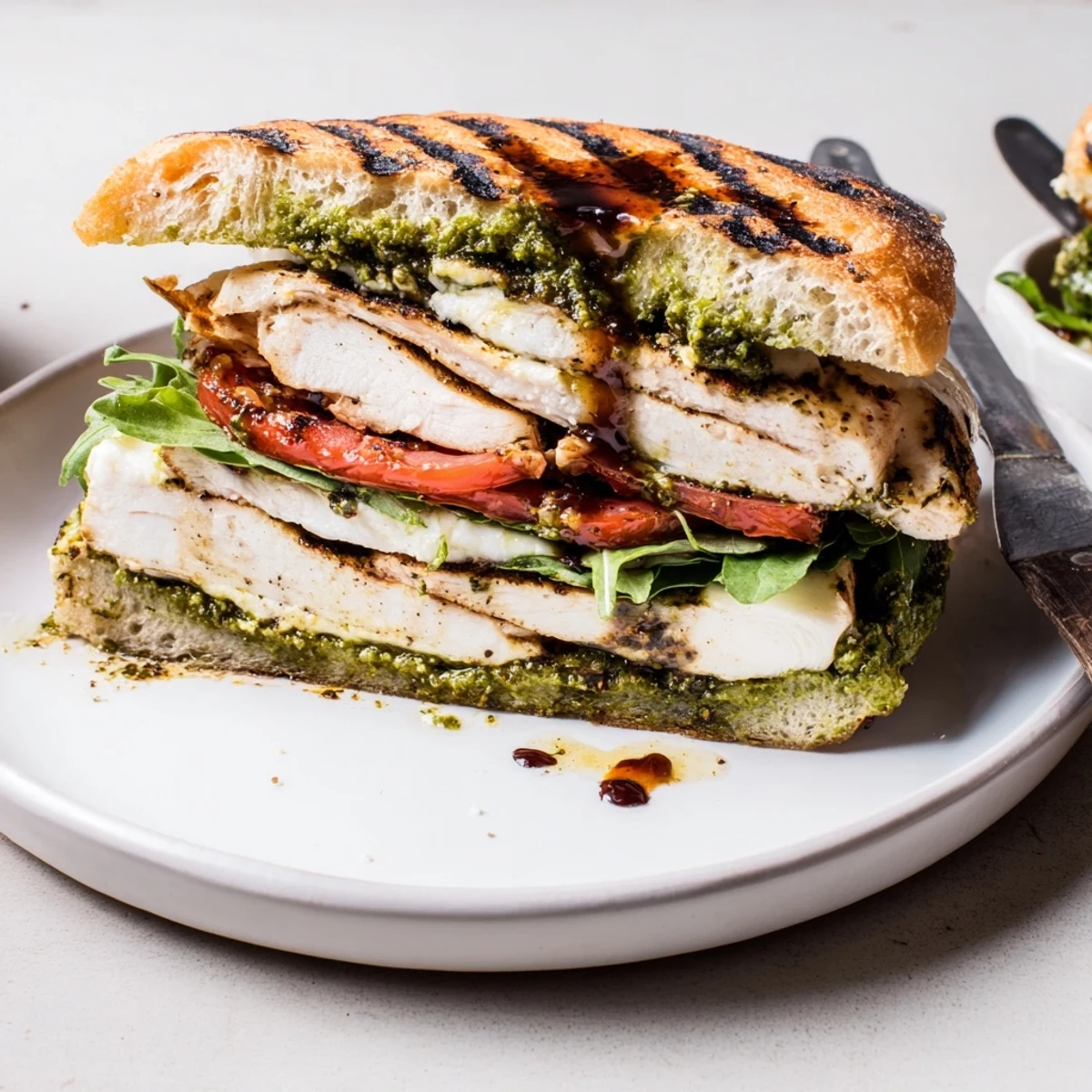 Grilled Chicken Pesto Sandwich on toasted ciabatta with melted mozzarella and basil