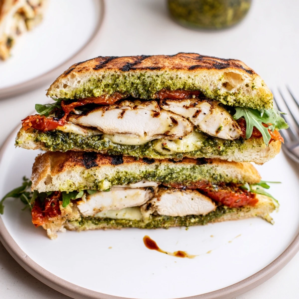 Sliced Grilled Chicken Pesto Sandwich beside crisp salad, juicy chicken, garlic aroma