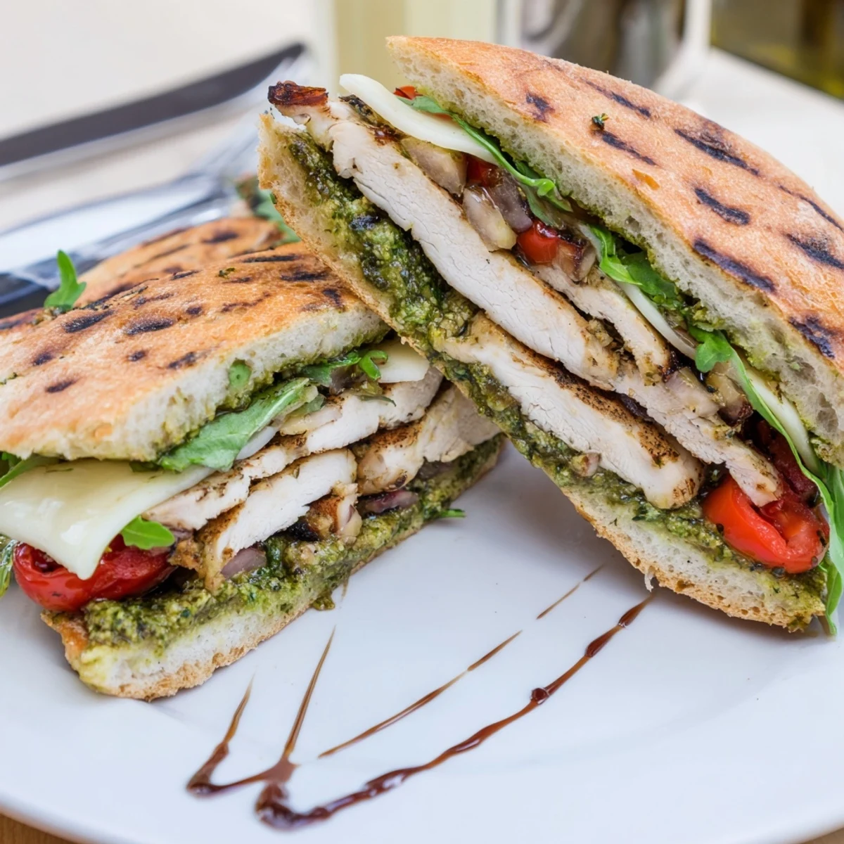 Handheld, warm Grilled Chicken Pesto Sandwich layered with tomato and peppery arugula