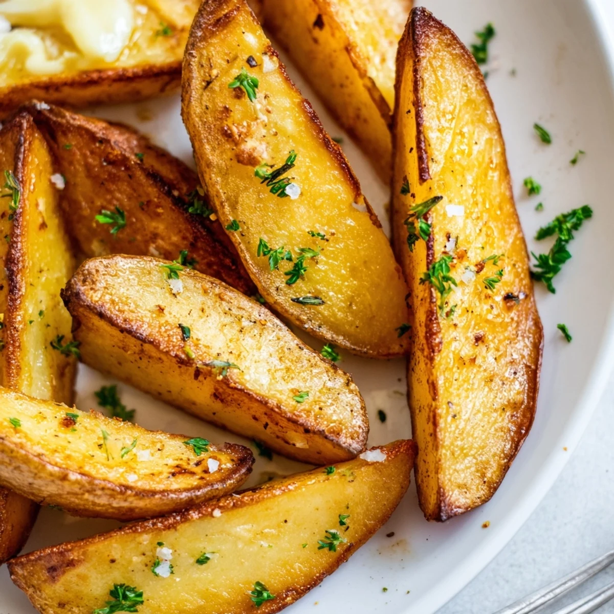Oven-baked Potato Wedges, golden crisp edges, fluffy interior, sprinkled parsley.  